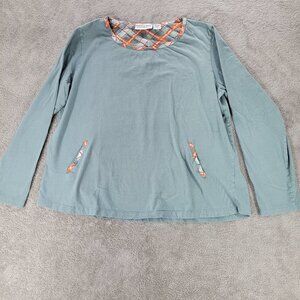 Country Store Plaid Trim Mint Green Long Sleeve Women's Top-XL 100% Cotton